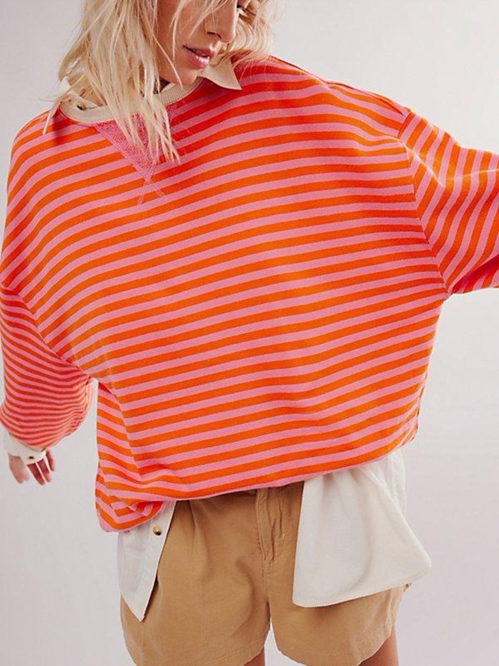 We The Free Pink & Orange Striped Classic Oversized Crew sweatshirt Papaya Comb